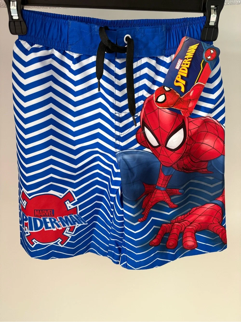 Marvel Boys Blue and Red Spider-Man Chevron Swim Trunks